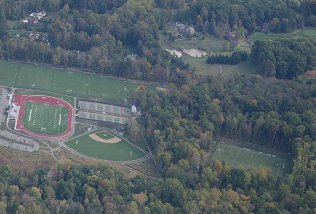 Aerial shot of 日耳曼敦 Academy sports fields, a top private school in the Philadelphia area